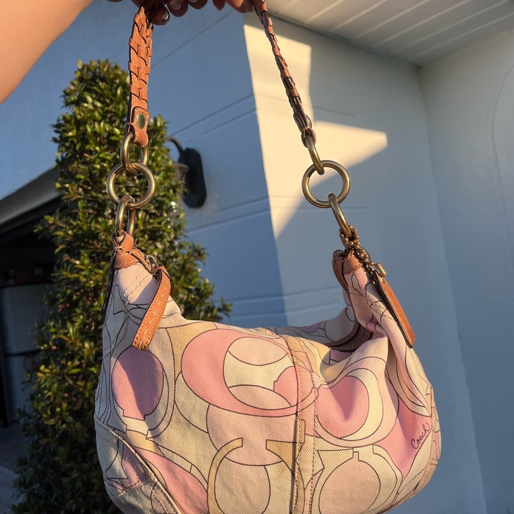 Coach Pink Signature Canvas Hobo with Tan Leather Trim